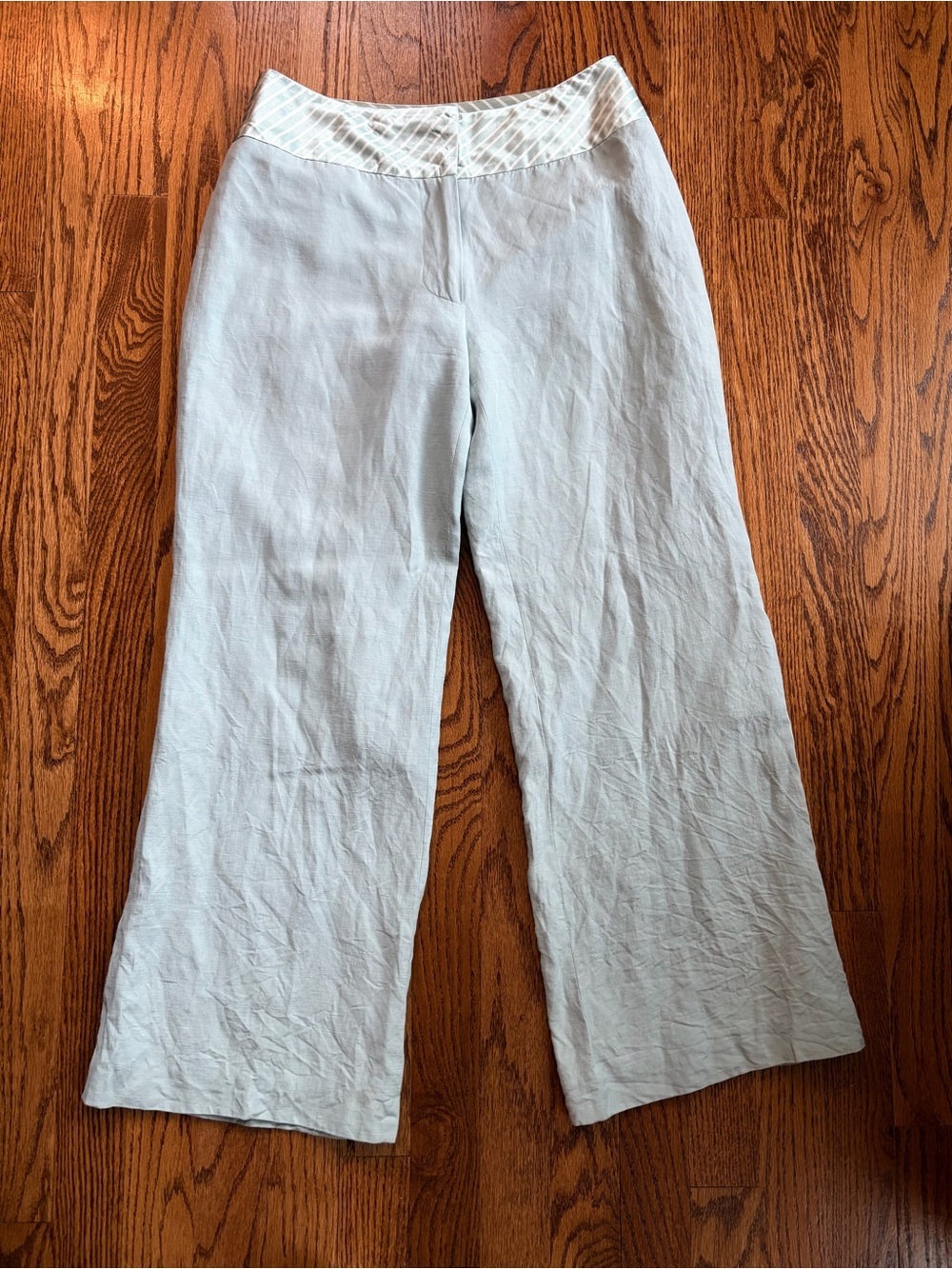 Boden Silk Linen Wide Leg Crop Pants Mint Seafoam Green Striped Waistband Size 8